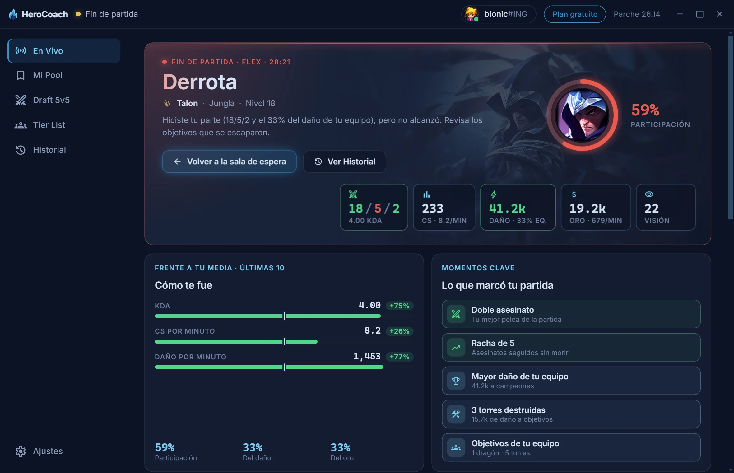 HeroCoach al terminar la partida: nota, KDA, daño y momentos clave