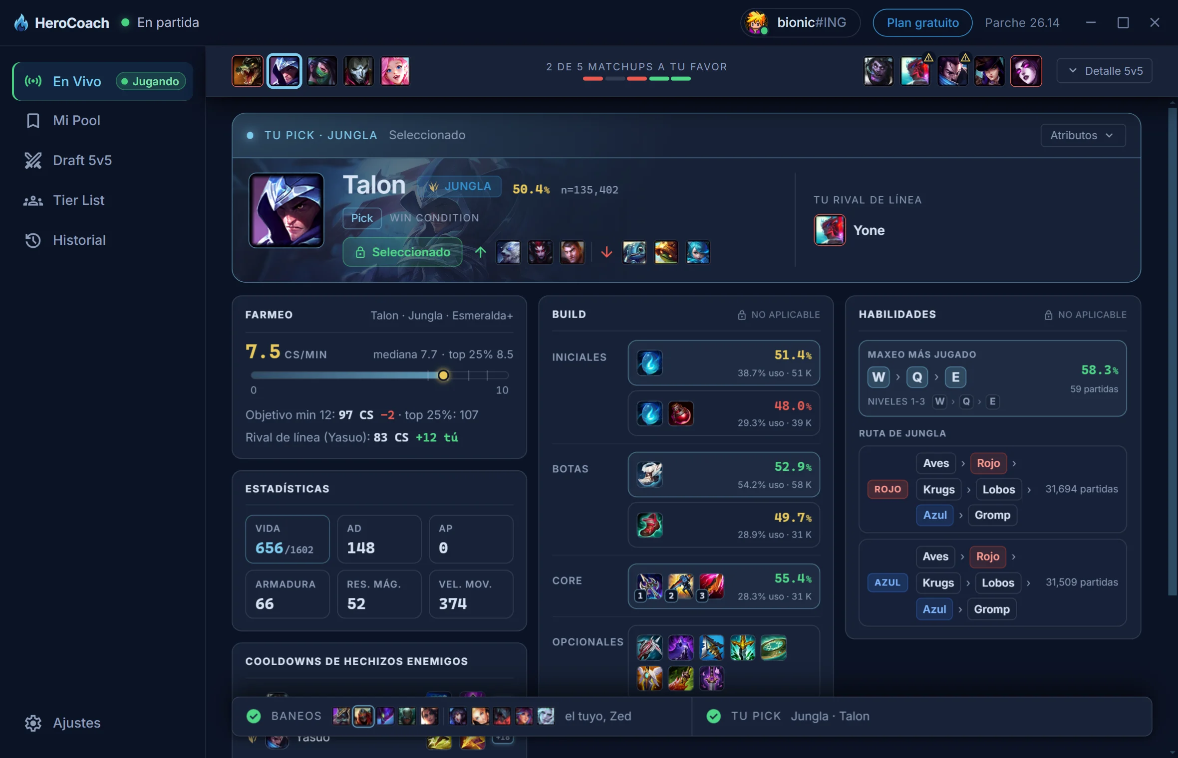 HeroCoach en partida: farmeo en vivo frente a tu rango